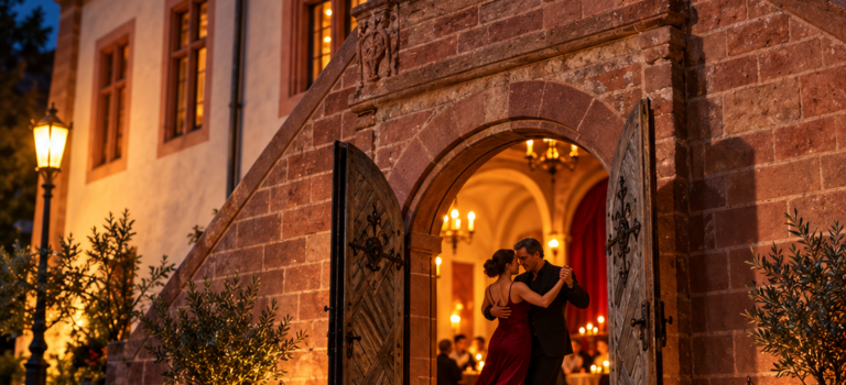 7. Nov.: Tango y corazón: Milonga im Pfälzer Schloss Gabis Porträt basiert auf einem echten Foto; die Darstellung des Schlosses und seines Innenraums ist künstlerisch interpretiert.